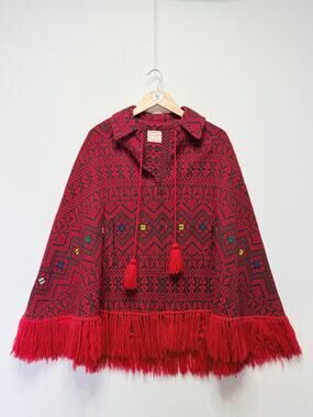 Vintage Guatemalan Hand Loomed Poncho Red Black Fringe Boho Folk Cape Artisan